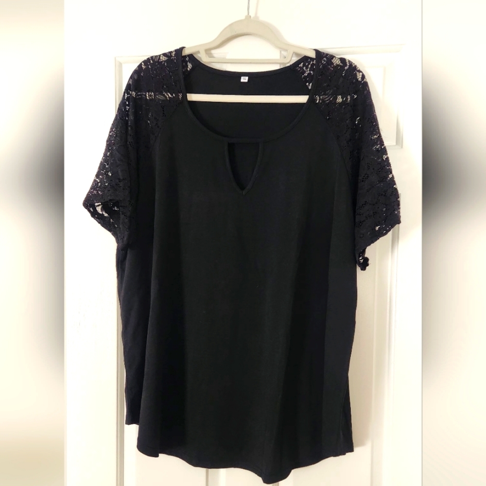 Elegant Black Lace Sleeve Women's Tee